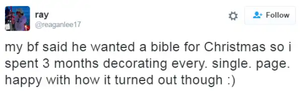 Her boyfriend wanted a bible for Christmas, then she did this (Photos)